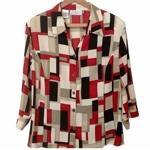 Cathy Che Geometric Abstract Print Button Down Blouse Red Black Size 16